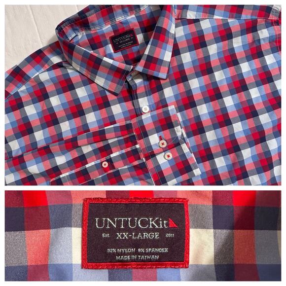 UNTUCKit‎ Shirt Button Down Red/Blue Plaid Long Sleeve Men’s Size 2XL XXL Nylon - Picture 1 of 8